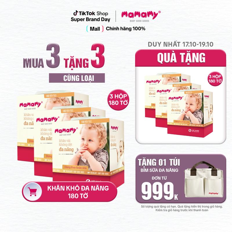 [MUA 3 TẶNG 3] MUA 3 hộp khăn khô đa năng Mamamy chính hãng, 180 tờ/hộp dùng thay khăn sữa, an toàn cho bé từ sơ sinh TẶNG 3 hộp cùng loại