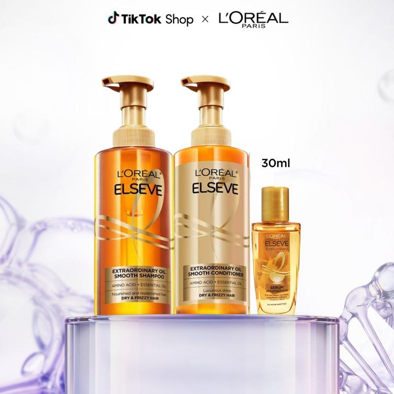 Bộ gội xả dưỡng tóc suôn mượt tóc cao cấp L'Oreal Paris Sleek 440ml x2 & Dầu dưỡng chiết xuất từ tinh dầu 30ml