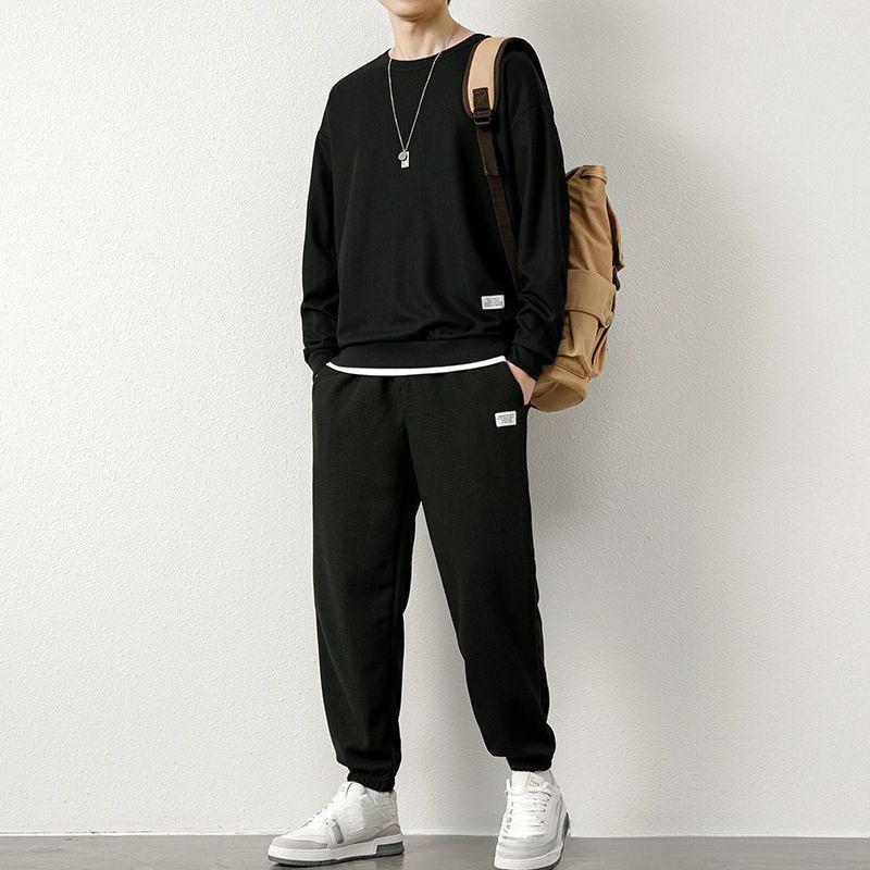 Product Introduction of Waffle Sweater Suit Loose Casual Autumn and Winter New round Neck Men's Long-Sleeved Trousers Teen Clothes 5