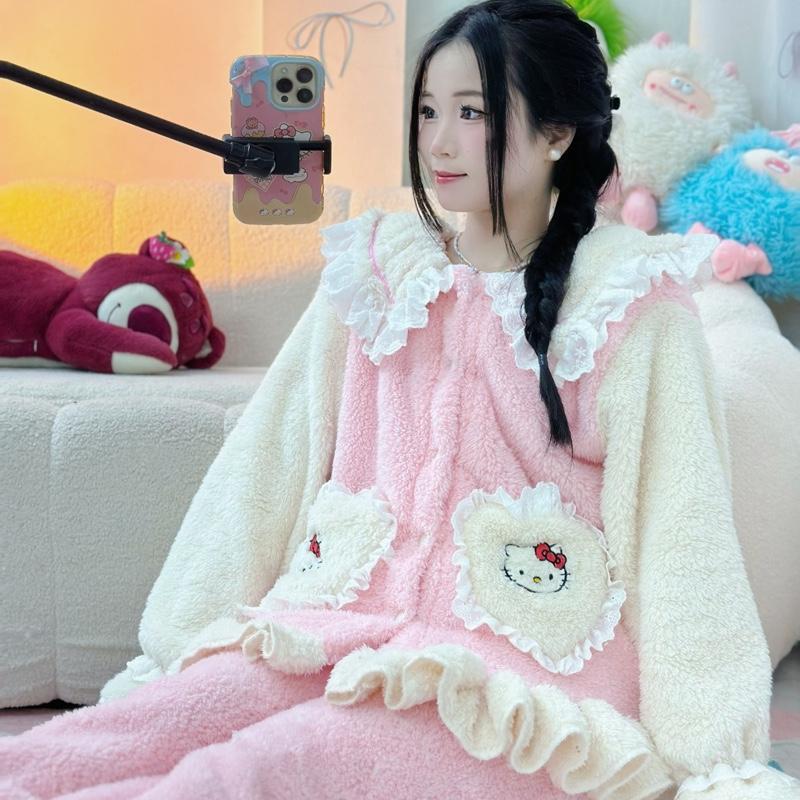 QC Bộ ngủ nữ lông dài tay BÈO HELLO KITTY mềm mại ấm áp Xưởng may Sm Women Áo Quần Ngủ Áo Ngủ Pijama
