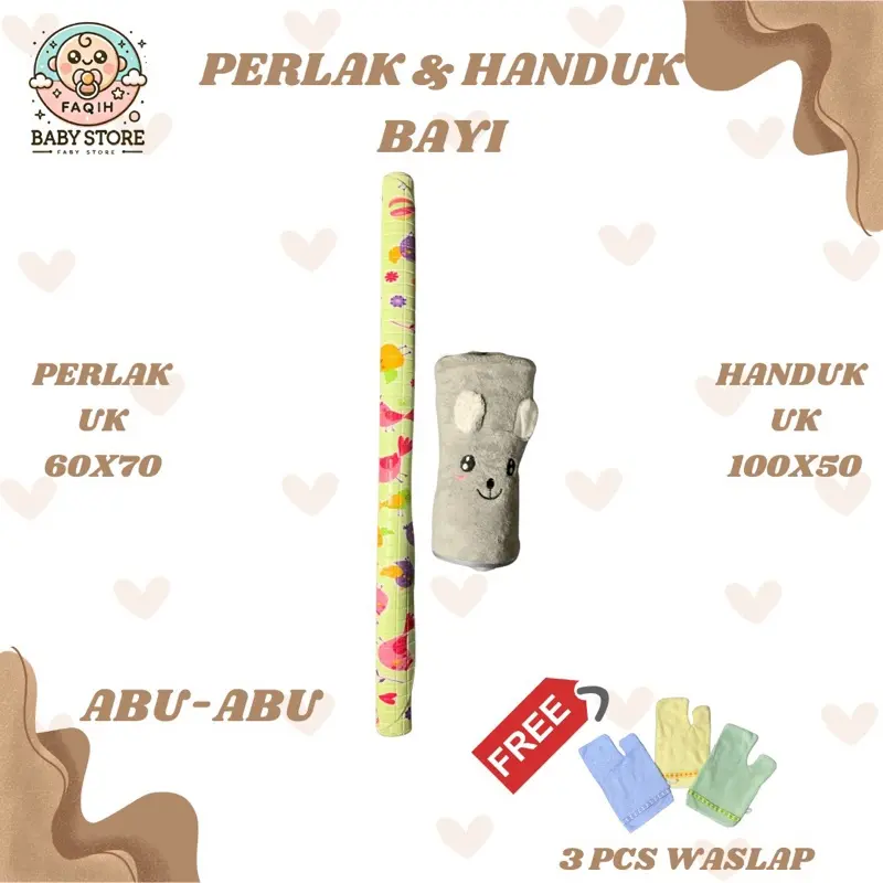 ￼PAKET HEMAT HANDUK BAYI 50cmX100CM + PERLAK BAYI 60x70CM FREE 3PCS WASLAP ~ Faqih Baby Store 1