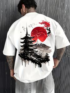 メンズ ヴィンテージ 日本の風景Tシャツ、富士山・月プリント、ゆったりカジュアルトップス、アウトドアハイキング、フィットネススポーツウェア