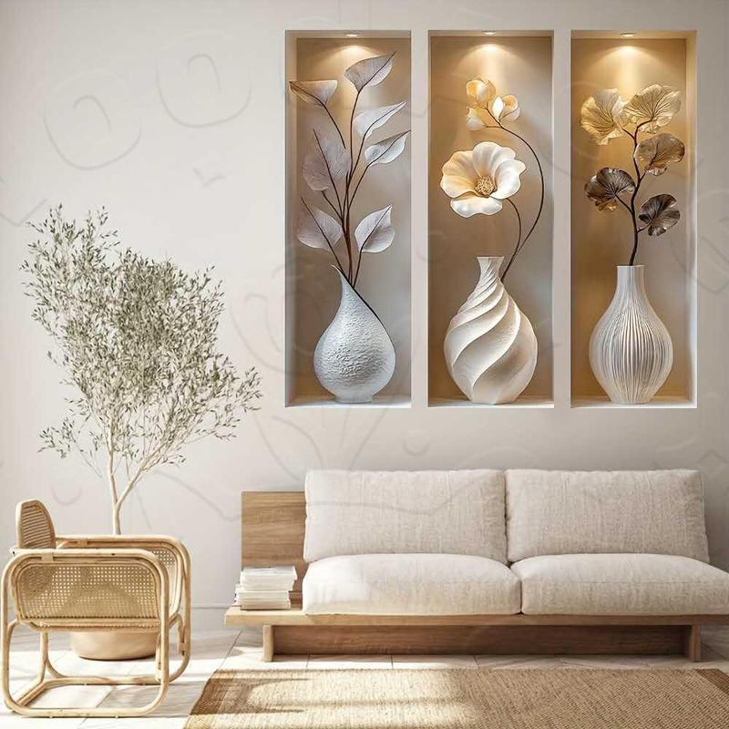 Tiệm Tranh Decor Chill Tranh Treo Tường Dọc Bình Hoa Lá Kim Loại 3D Ánh Đèn Ấm…