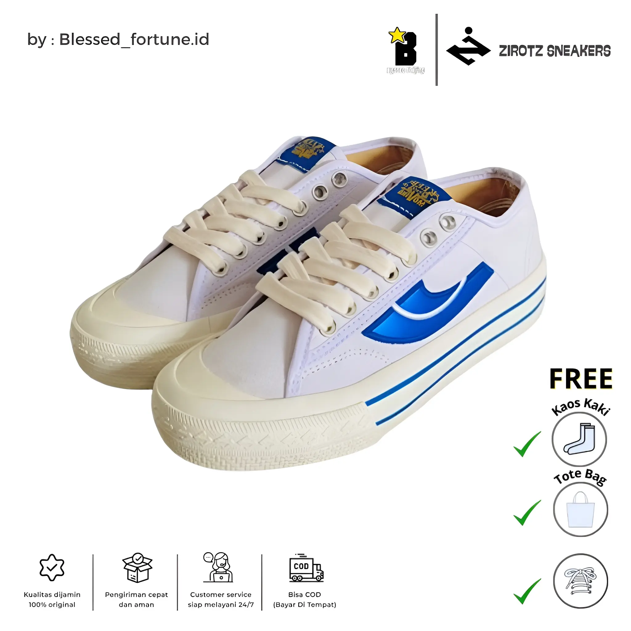 Zirotz - Sneakers Flexion White Blue Low | 36-44 | Sepatu Pria Wanita | Sneaker | Vulcanized By Blessed_Fortune.id Casual Shoes