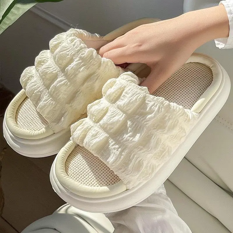 Dép đi trong nhà vải dệt đế chống trơn trượt | Dép nữ quai ngang bánh mì phong cách hàn Quốc