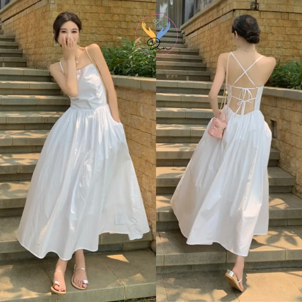 Đầm maxi - Váy 2 dây Cột Nơ Dáng Dài Hở Lưng Có Mút Ngực Cho Các Nàng Diện Đi Biển