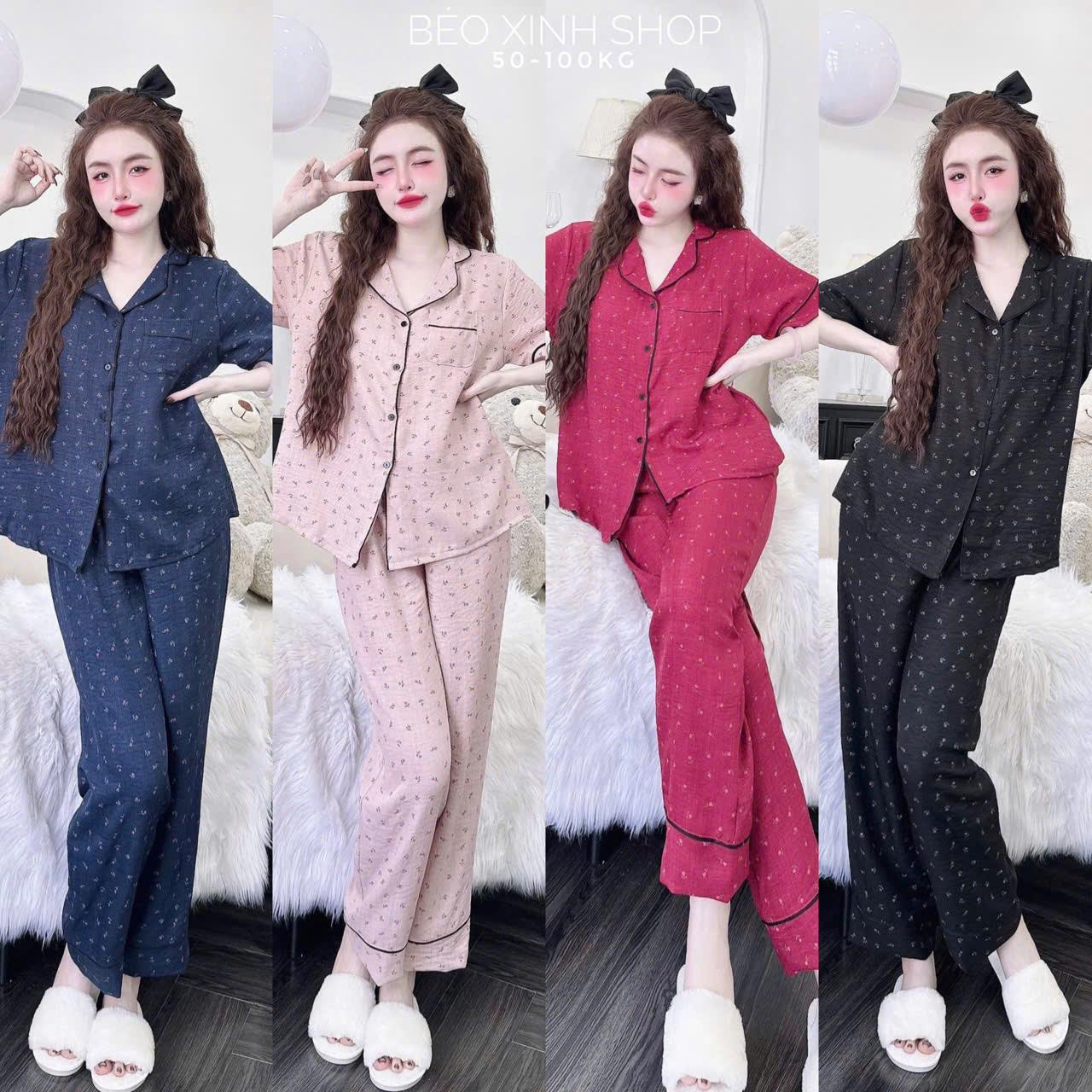 Đồ Bộ - Đồ Ngủ Tay Ngắn Quần Dài Vải Đũi Vân Mây Mềm Mát Tiểu Thư Cao Cấp Thanh Lịch Pijama Bigsize 50-100kg Bộ Ngủ Nữ Áo Ngủ Women Quần Ngủ - A.5448