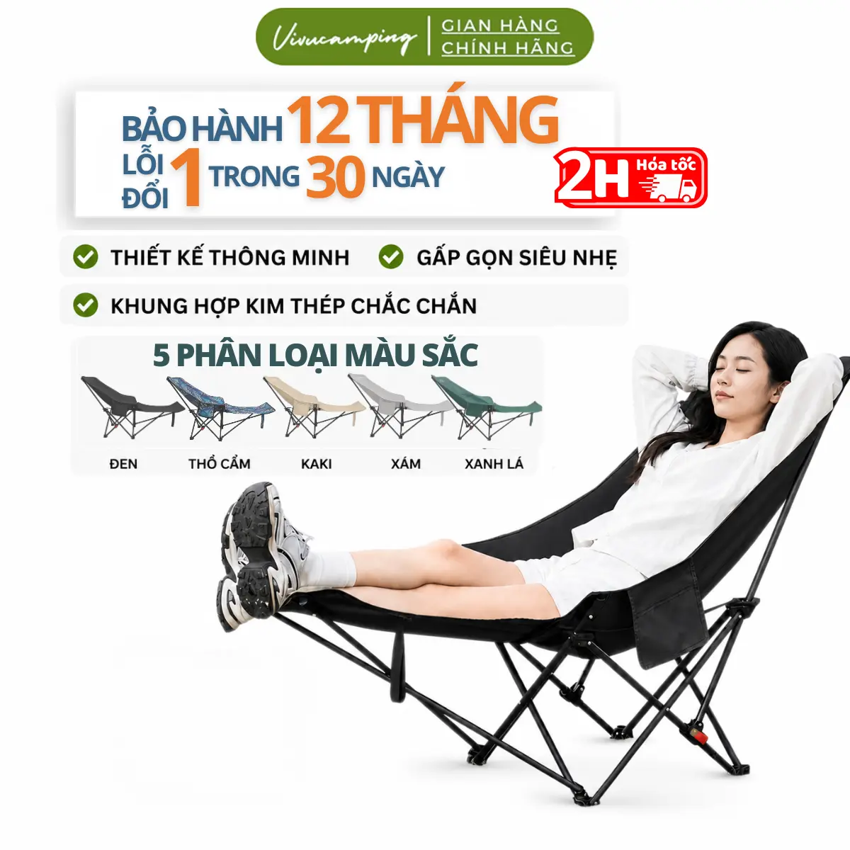 Ghế Camping Xếp Gấp Gọn Câu Cá Dã Ngoại Ngả Lưng Vivucamping Chịu Tải 120kg Hợp Kim Nhôm Vải Oxford 600D 2 Lớp Dày Dặn 30 Ngày Đổi Mới Kèm Gác Chân Thư Giãn Tiện Lợi