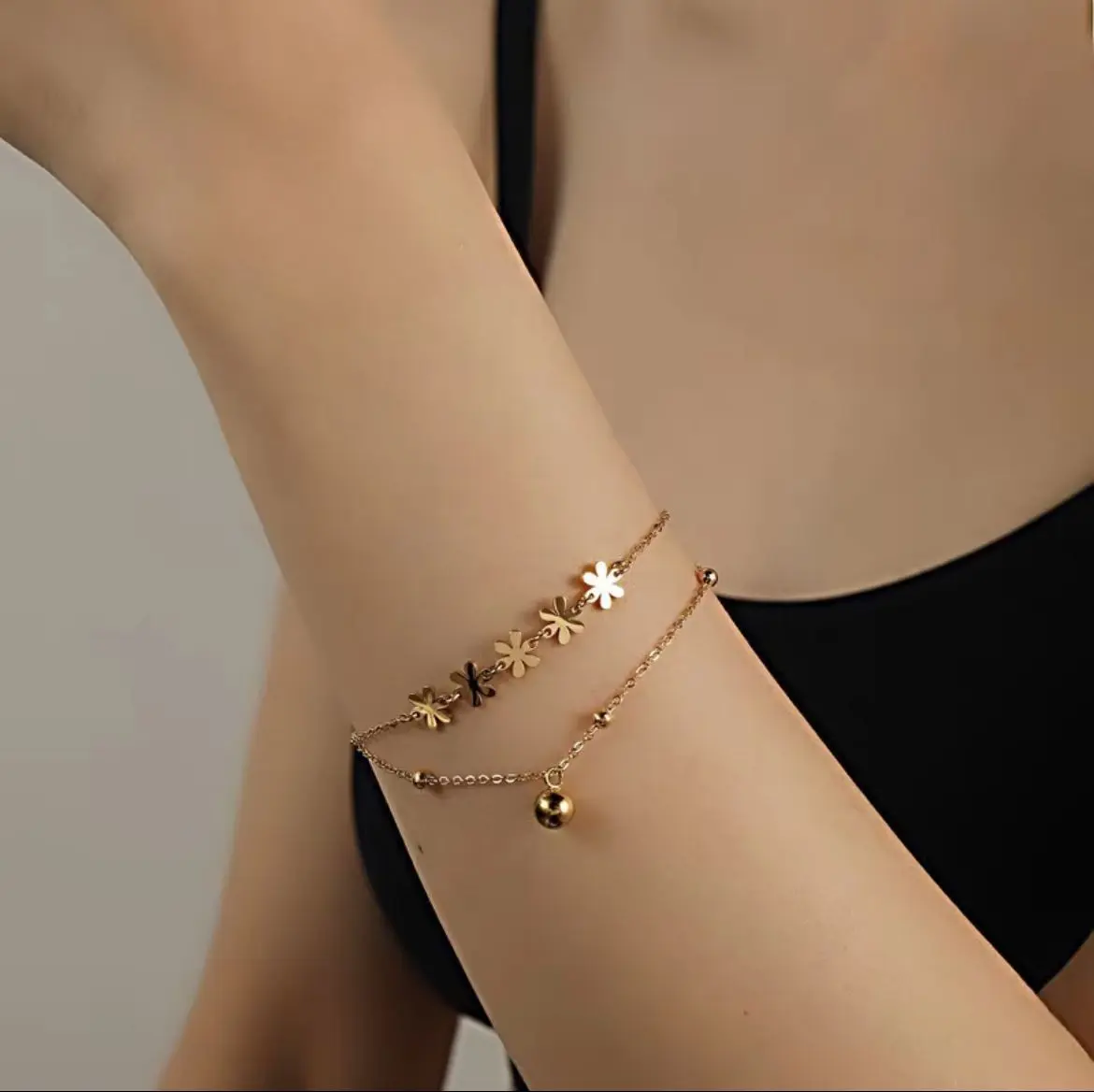 Gelang Tangan 2 Lapis Daisy Rosee Mewah Bunga Boba Aksesoris