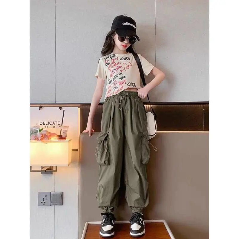 Celana Panjang Cargo High Waist Anak  Usia 7-12 Tahun - Cargo Loose Pants Fashion Fashion celana  anak perempuan celana cargo  anak 1