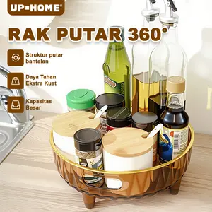 UPHOME Rak Kosmetik Transparan Berputar 360° / Rak Penyimpanan Putar Meja Putar Dapur Botol Bumbu Transparan / Rak Buah, Snack dan Minuman / Amber Gold Aesthetic Tray Minum