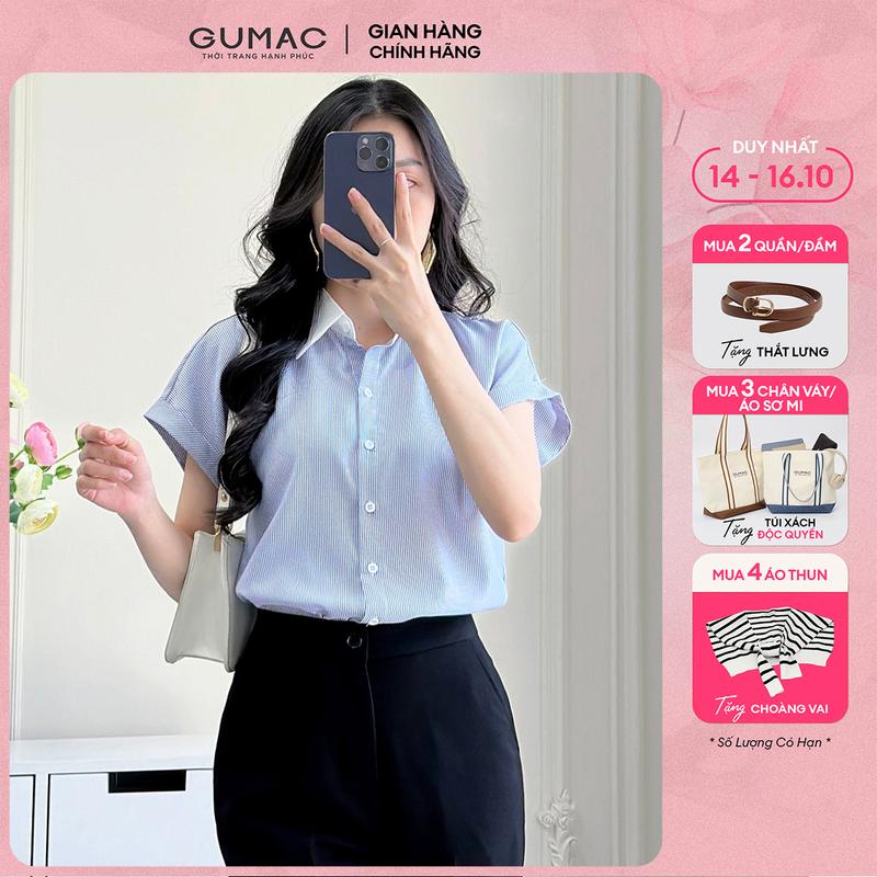 [MUA 3 TẶNG TÚI XÁCH] Áo sơ mi nữ sọc xanh vải cotton mềm mịn thoáng khí tay liền cổ phối thời trang GUMAC LAF0322