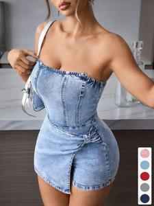 ✨ Vestido de mezclilla tipo tube top para mujer | Diseño sin tirantes con torsión frontal, esencial para estilo “hot girl” del verano