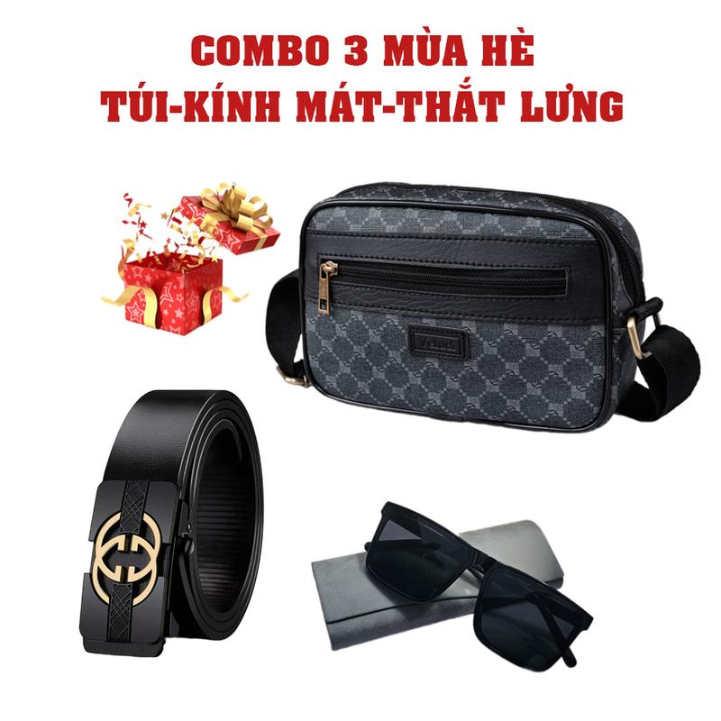 COMBO 3 Túi đeo chéo dáng ngang Veluci cao cấp kính râm và thắt lưng thời trang khóa hợp kim