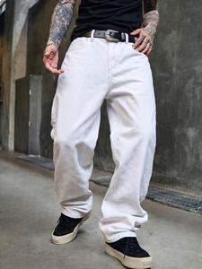 メンズストレッチなしホワイトジーンズ、ゆったりストレートのワイドレッグスタイル、ミニマリスト無地のデザイン、日常のアウトドアウェアに最適、オールシーズン対応のメンズボトムス