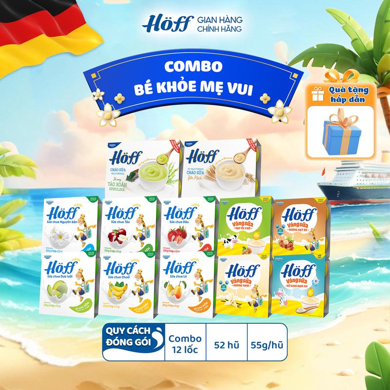 Combo BÉ KHỎE MẸ VUI - Sữa Chua Yokids váng sữa cháo sữa trẻ em Hoff ăn dặm bổ sung dưỡng chất vitamin, men lợi khuẩn, DHA, protein, canxi (52 hộp x 55g) Food