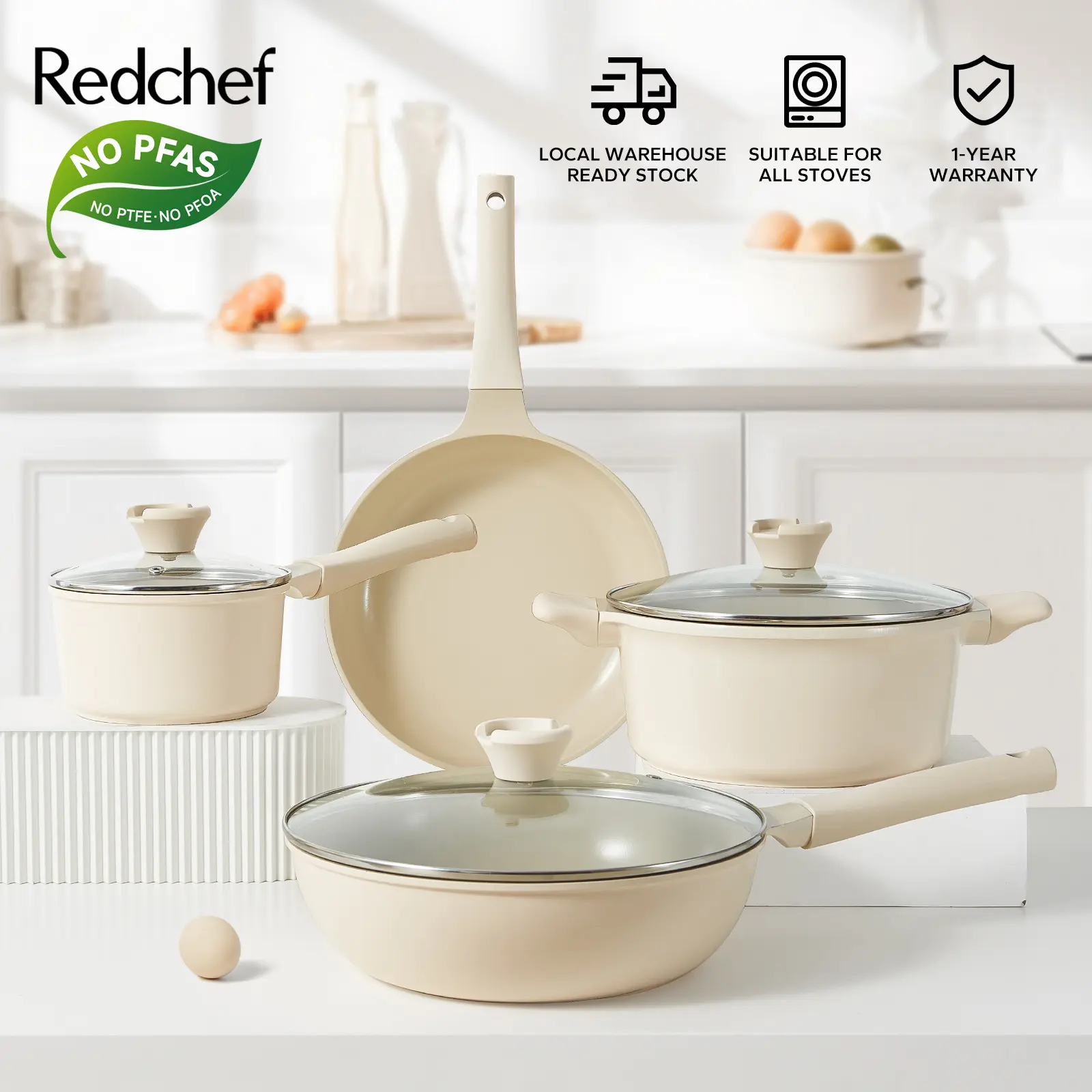 Redchef Nonstick Ceramic Rock 7 Pcs Cookware Set Non PFAS& PTFE& PFOA Suitable for All Stoves  Induction Wok Frying Pan Saucepan