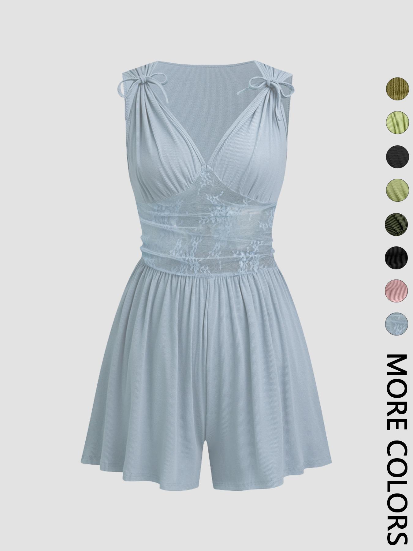 Women's Plain Ruched Deep V Neck Tank Romper, Elegant Sleeveless Romper For Summer, Fashion Casual Ladies Clothes For Daily Wear