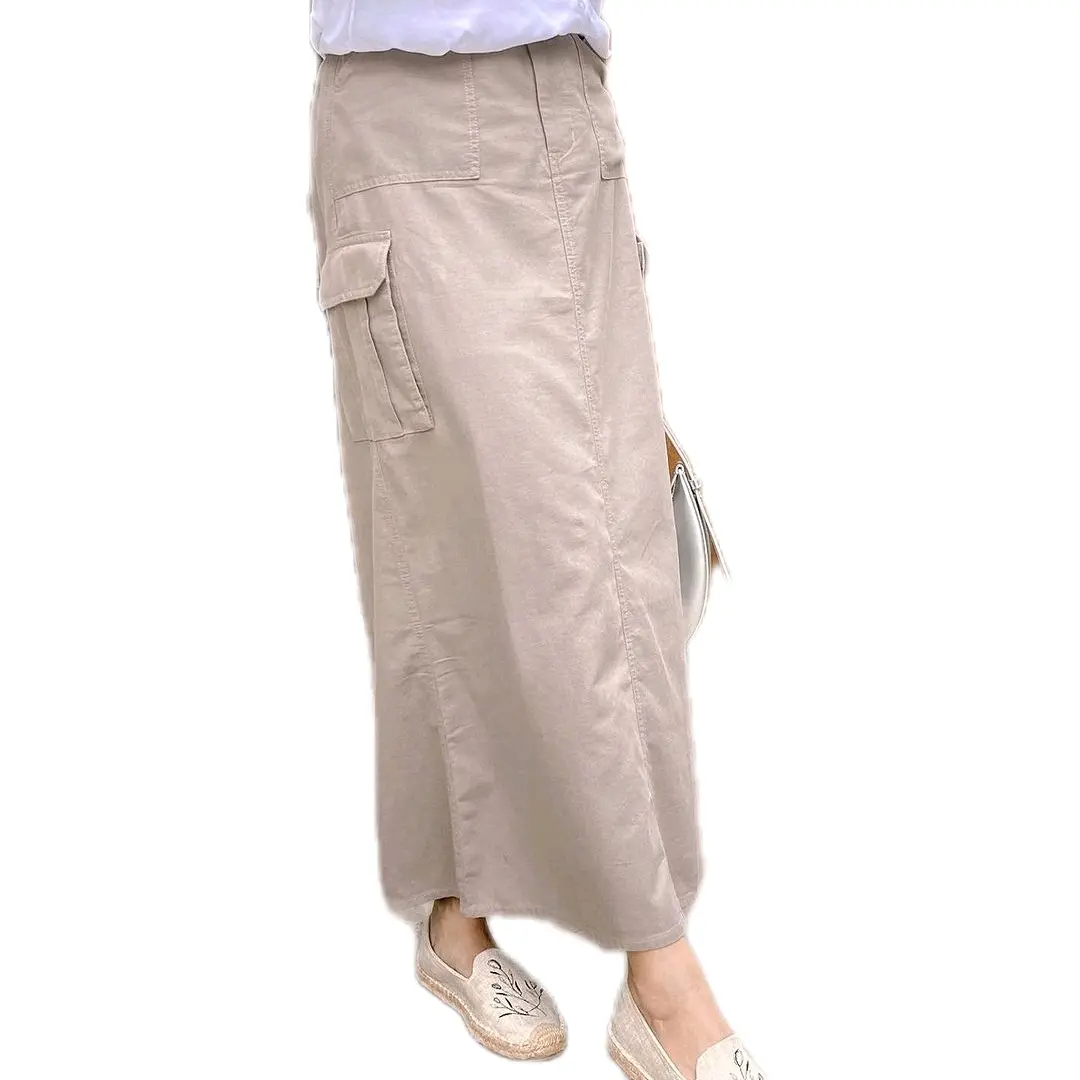 Rok Cargo Katun Twill Serut Skirt Premium Wanita Muslim Panjang Katun Casual Full Karet Jumbo - Rok Formal Kerja Harian Bawahan Kancing Rempel simpel waffle moca blue navi