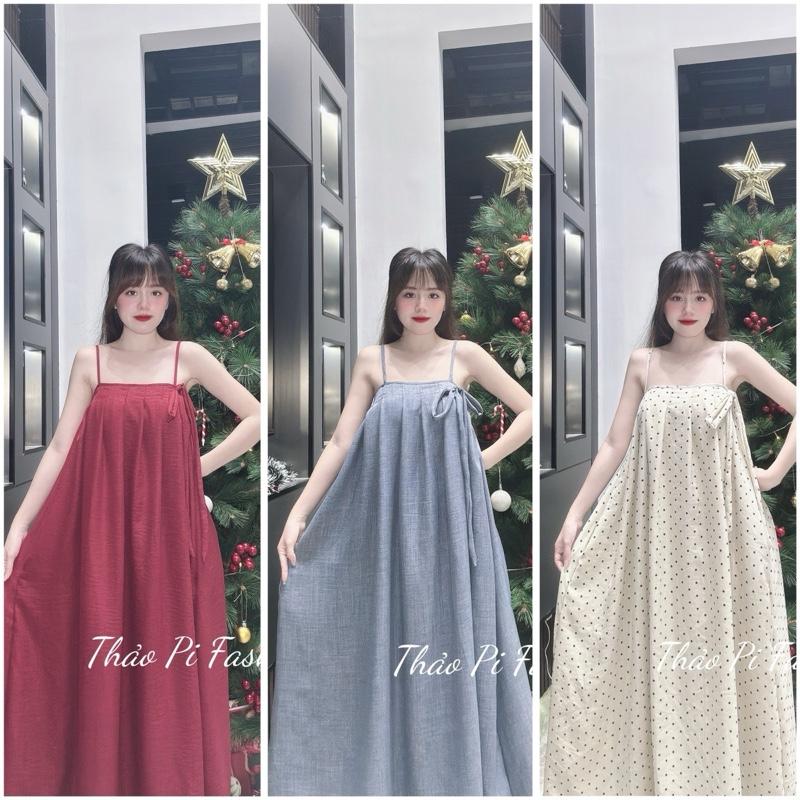  Váy hai dây phối nơ dài xếp ly tiểu thư nữ tính đi chơi đi tiệc mặc tết - váy 2dây xếp ly nơ 