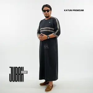 PROMO Jubah Pria Muslim Premium YUSUF Model Kasual Tanpa Kerah aplikasi Strip Garis Lengan 3/4 BY KAL MOSLEM WEAR