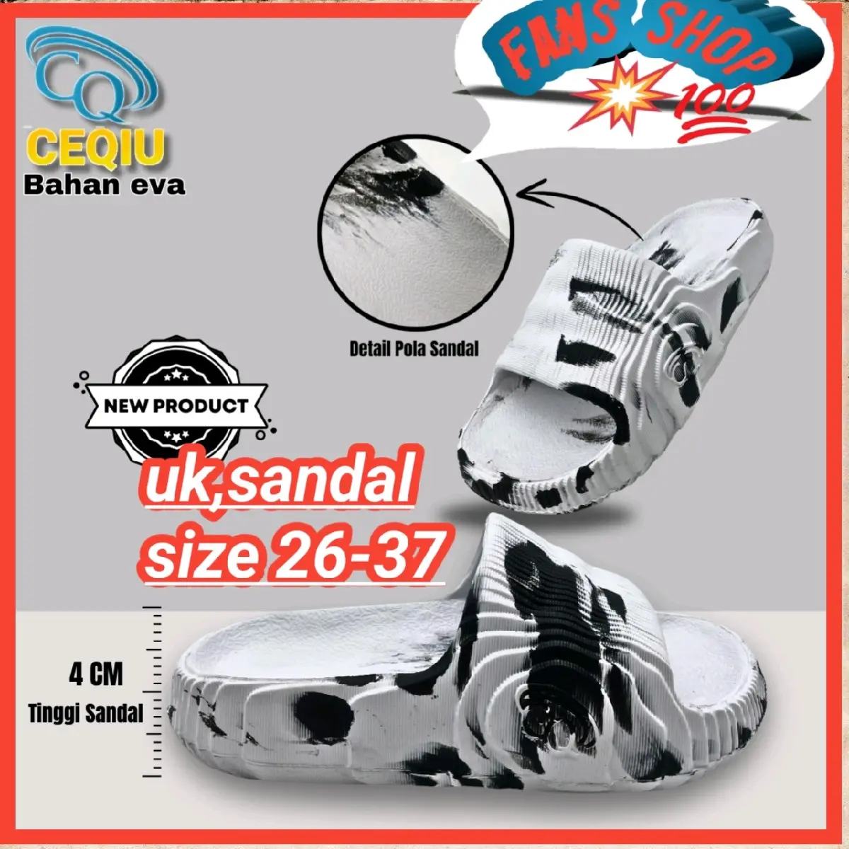 Sandal slop anak loreng putih dan hitam(dulux) Motif Kaki