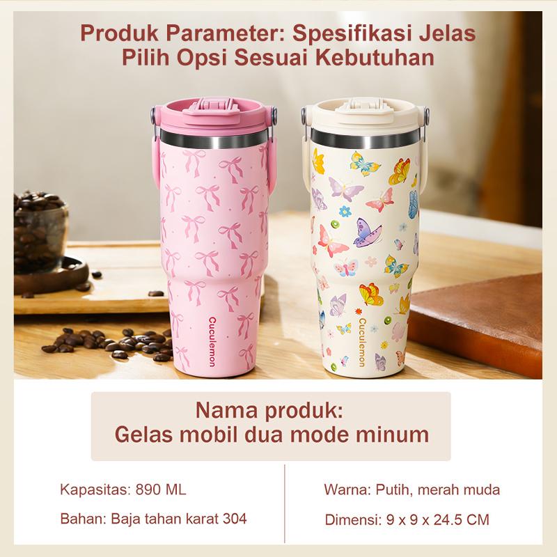 CucuLemon Tumbler Stainless Vacuum 890ML Botol Minum Besar Termos Anti Kebocoran Desain Kupu-Kupu Cantik & Merah Muda Pita