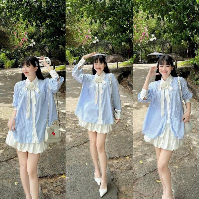 Sét bộ đồ nữ áo sơ mi tay dài phối cổ trắng mix chân váy bí phồng kèm quần lót xinh xắn cho nàng