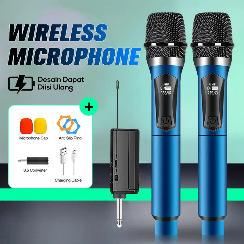 Wireless Microphone Murah  Professional Dynamic Handheld UHF Mikrofon Nirkabelisi Ulang Rechargeable - 2 Mic Mikrofon Merah Ponsel