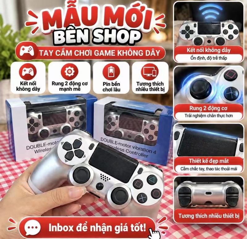 Tay cầm chơi game P4 Bluetooth không dây sáu trục analog rung động kép chất liệu ABS tương thích PS4/PS4 Pro/PS4 Slim & PC màu trắng kim loại trần với loa tích hợp và cổng tai nghe 3.5mm