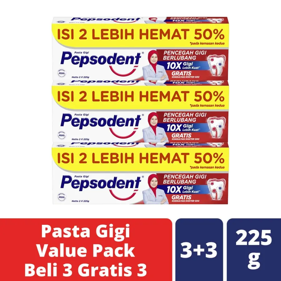 [SALE !] Pepsodent Pencegah Gigi Berlubang Pasta Gigi 225G Value Pack Isi 3