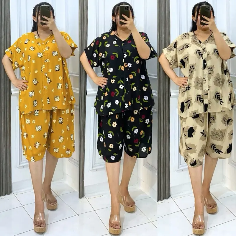 Piyama selutut jumbo LD130 motif bahan rayon premium lengan pendek baju kancing nyaman | Baju tidur setelan wanita selutut bigsize celana pendek