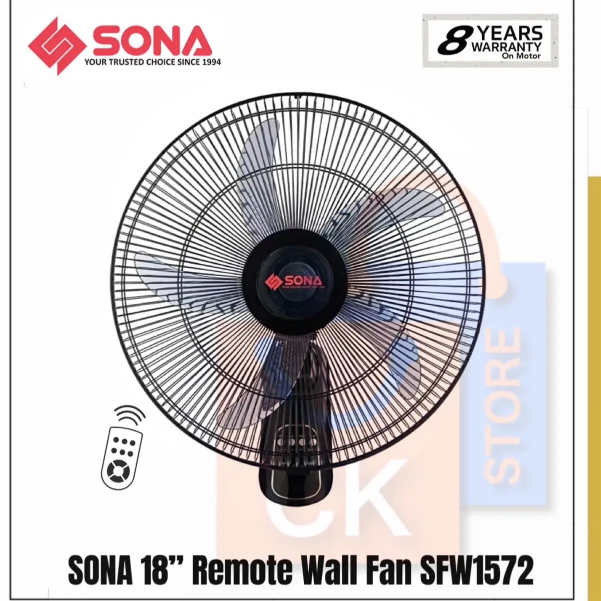 SONA 18” (80W) Remote Control Wall Fan SFW1572 | SFW 1572 (8 Years Motor Warranty)