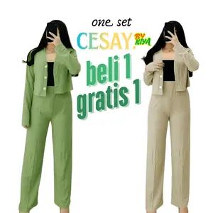 CESAY KNIT Setelan Wanita Terbaru one Set Kemeja Crop & Celana Kulot Bahan knit Premium Kekinian Casual Style Korea Beli 1 Gratis 1