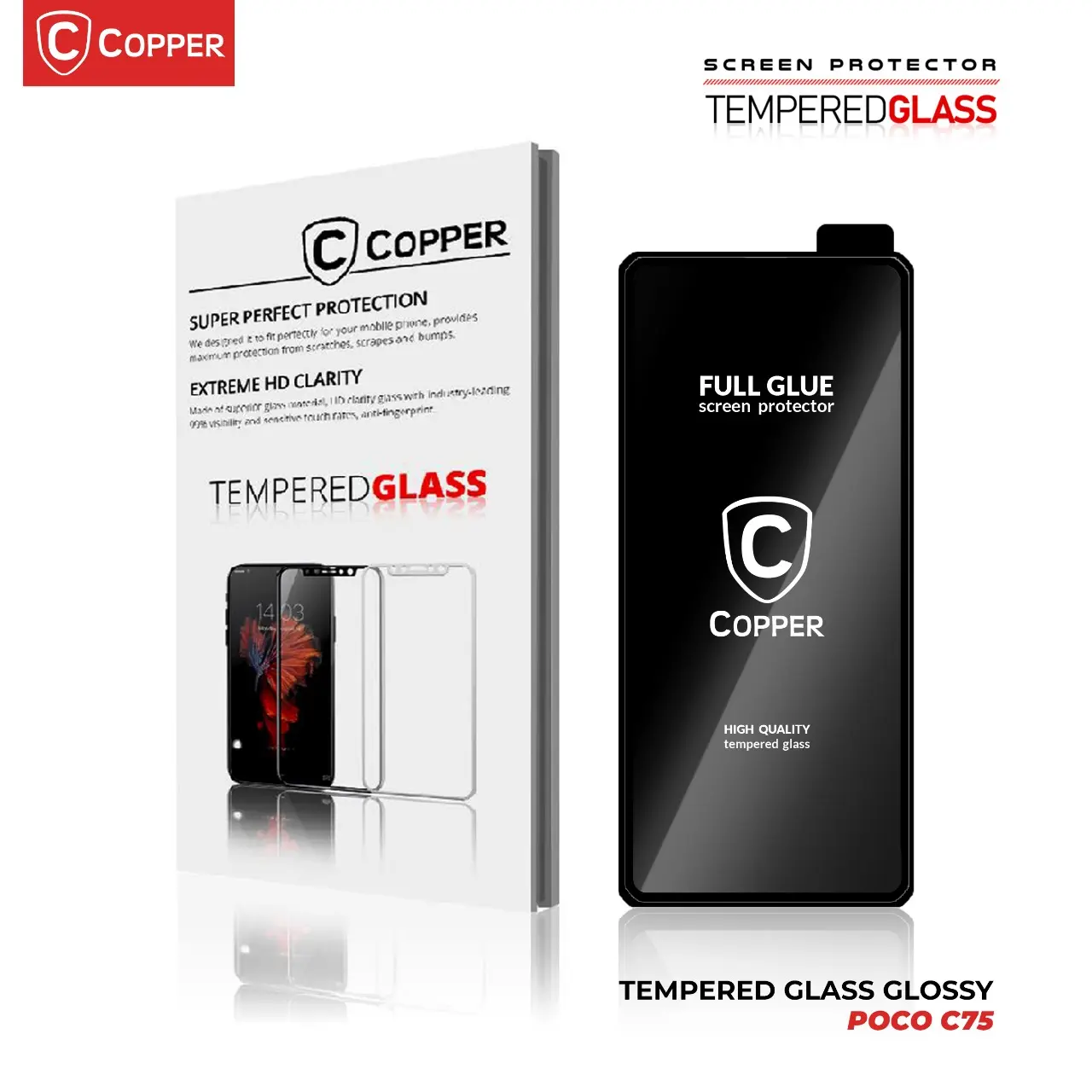 Copper High Quality Tempered Glass Glossy Full Glue - For Poco C75