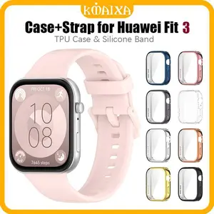 TPU Case + Silikon Strap for Huawei Watch Fit 3 Soft Sport Silicone Rubber Replacement Band Transparent Screen Protector Cover Adjustable Wristbands Belt Bracelet Accessories Tali Jam Tangan Smartwatch for Huawei Fit 3