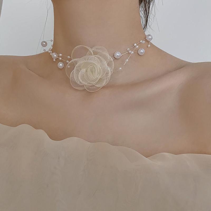 Vòng Cổ Choker Hoa Hồng, Ngọc Trai Ngọt Ngào Phụ Kiện Cổ, Vòng Cổ Choker Hoa Hồng, Dây Chuyền Xương Đòn Có Thể Điều Chỉnh Thích Hợp Cho Tiệc Cưới 0