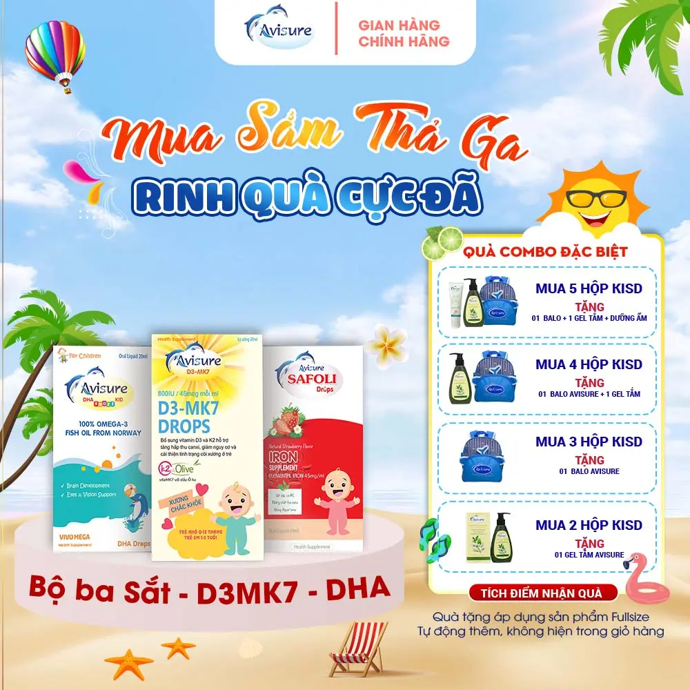 (Tích điểm nhận quà ) Bộ ba Lọ Avisure Safoli 20ml, lọ Avisure  D3Mk7 20ml, lọ Avisure DHA lọ 20ml hỗ trợ bổ sung Sắt, D3Mk7, DHA cho bé Vitamin Siro Ăn Ngon