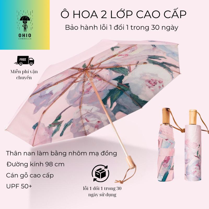 Ô che nắng mưa Dù che nắng mưa họa tiết Hoa hồng trắng và Hoa mẫu đơn in 2 mặt 2 lớp vải chống tia UV mẫu cao cấp ô gấp gọn ôchống tiauv