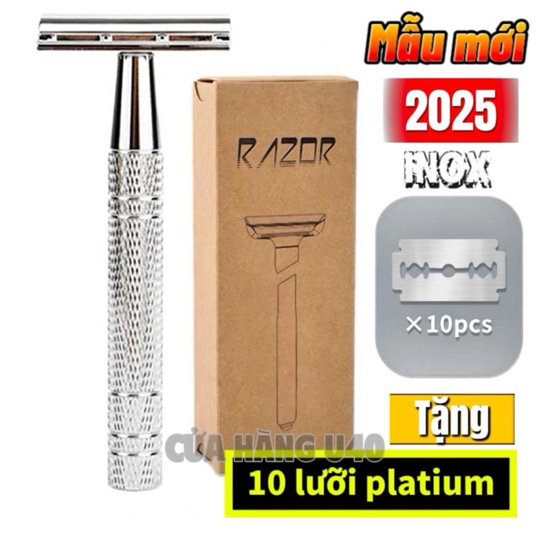 Dao cạo râu truyền thống bằng inox tặng kèm 10 lưỡi dao tem platium siêu sắc 