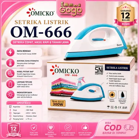 Setrika Listrik Pakaian Rumah Tangga Omicko - Anti Lengket, Panas Cepat Stabil, Hemat Listrik, Alas Teflon Glide + Garansi 1 Tahun COD