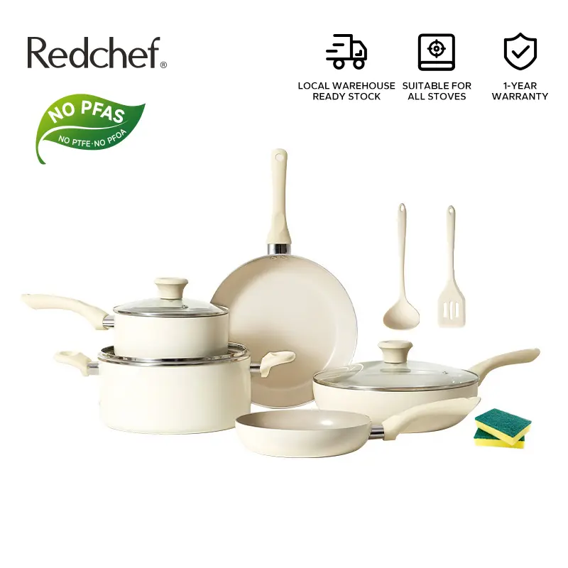 Redchef Ceramic 12 Pcs Cookware Set Non Stick PTFE Free Suitable All Stove Including Induction 28cm Deep Frying Pan+26cm Frying Pan+24cm Casserole+20cm Frying Pan+18cm Milk Pot