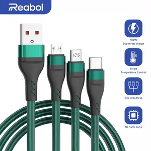 Reabol 6A 3n1 Nylon Fast Charging Cord for Micro USB Lightning TYPE-C Universal Braided Data Cable