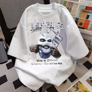 Baju Atasan Gaya Amerika T-shirt Katun Lengan Pendek Model Kerah Bulat dengan Desain Kepala Orang dengan Ekspresi Aneh Cetak Fit Kaos