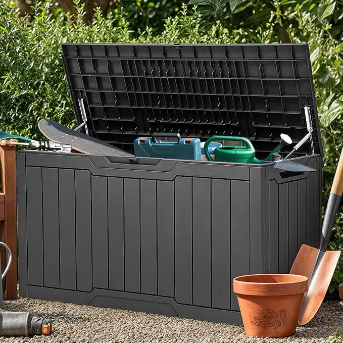 YITAHOME 100 Gallon Resin Deck Box, Weather Resistant Outdoor Storage Box, Lockable Indoor Outdoor Storage for Supplies and Essentials, Black/Taupe/Dark Grey 7