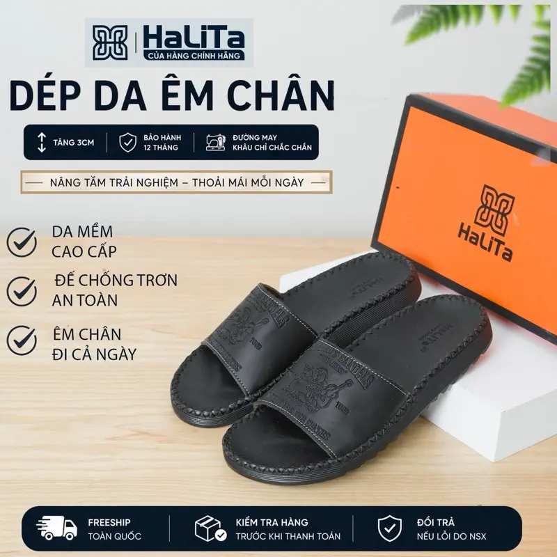 [ HaLiTa ] - Dép Nam Đẹp Đi Mưa dập vân nổi Địa , Da Bò Sáp chống thấm nước , Đế Nhẹ Có Răng Cưa Chống Trơn Trượt , Mặt da êm chân khâu chỉ viền xung quanh. DéP Nam Đế Bằng.