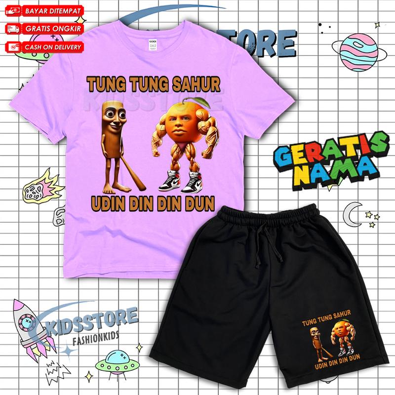 Setelan Anak Kaos Celana Pendek Tung Tung Sahur X Udin Din Din Dun Cotton Combed Baby Terry DTF Free Nama 3
