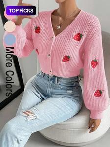 Cárdigan corto de mujer con bordado de fresa y frente con botones, ropa de punto casual con cuello en V y manga farol para primavera y otoño, ropa de punto de moda para uso diario