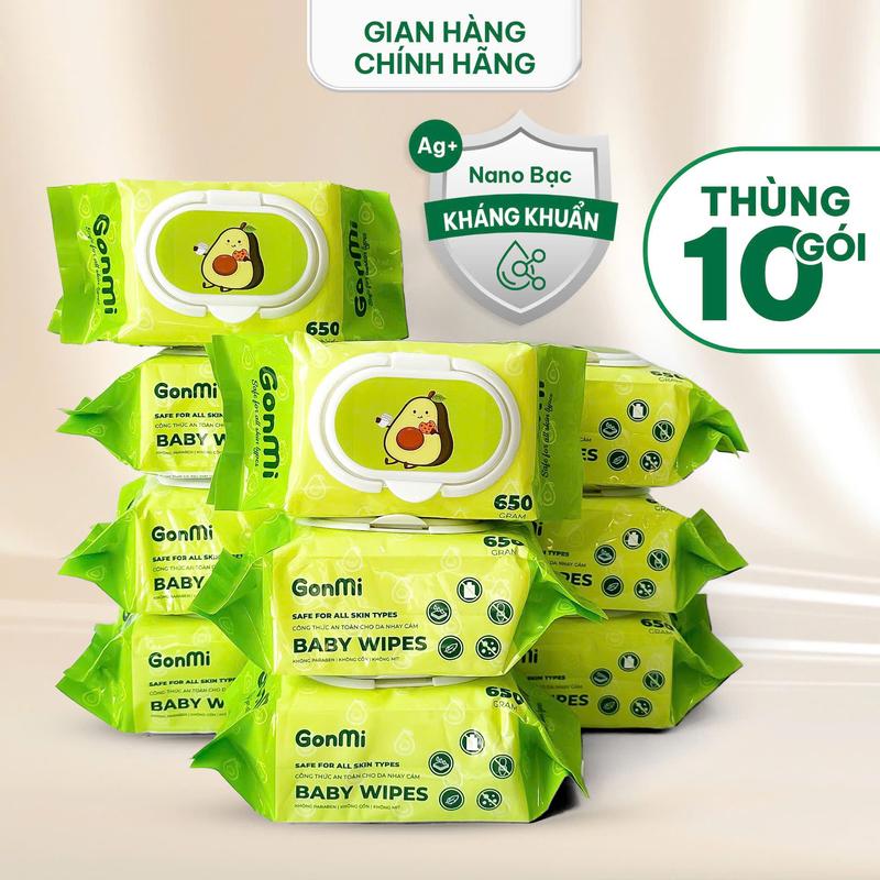 Thùng 10 gói khăn ướt GonMi 650gr, Không cồn, an toàn dành cho em bé, cho da…