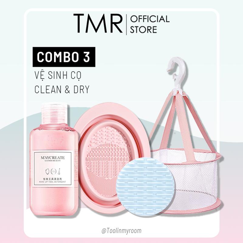 Bộ dụng cụ vệ sinh cọ trang điểm TMR Clean and Dry Combo set giỏ phơi cọ, nước rửa cọ tiện lợi